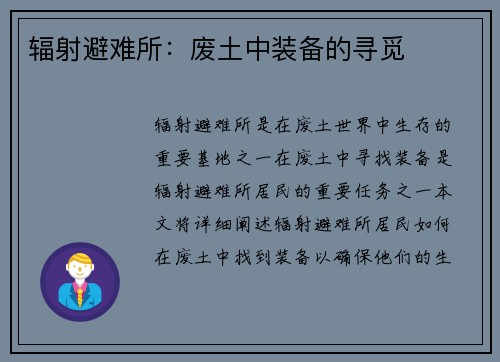 辐射避难所：废土中装备的寻觅